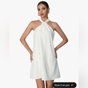 Floerns Women’s Pearl Halter Twist Sleeveless Tie Back A-Line White Dress